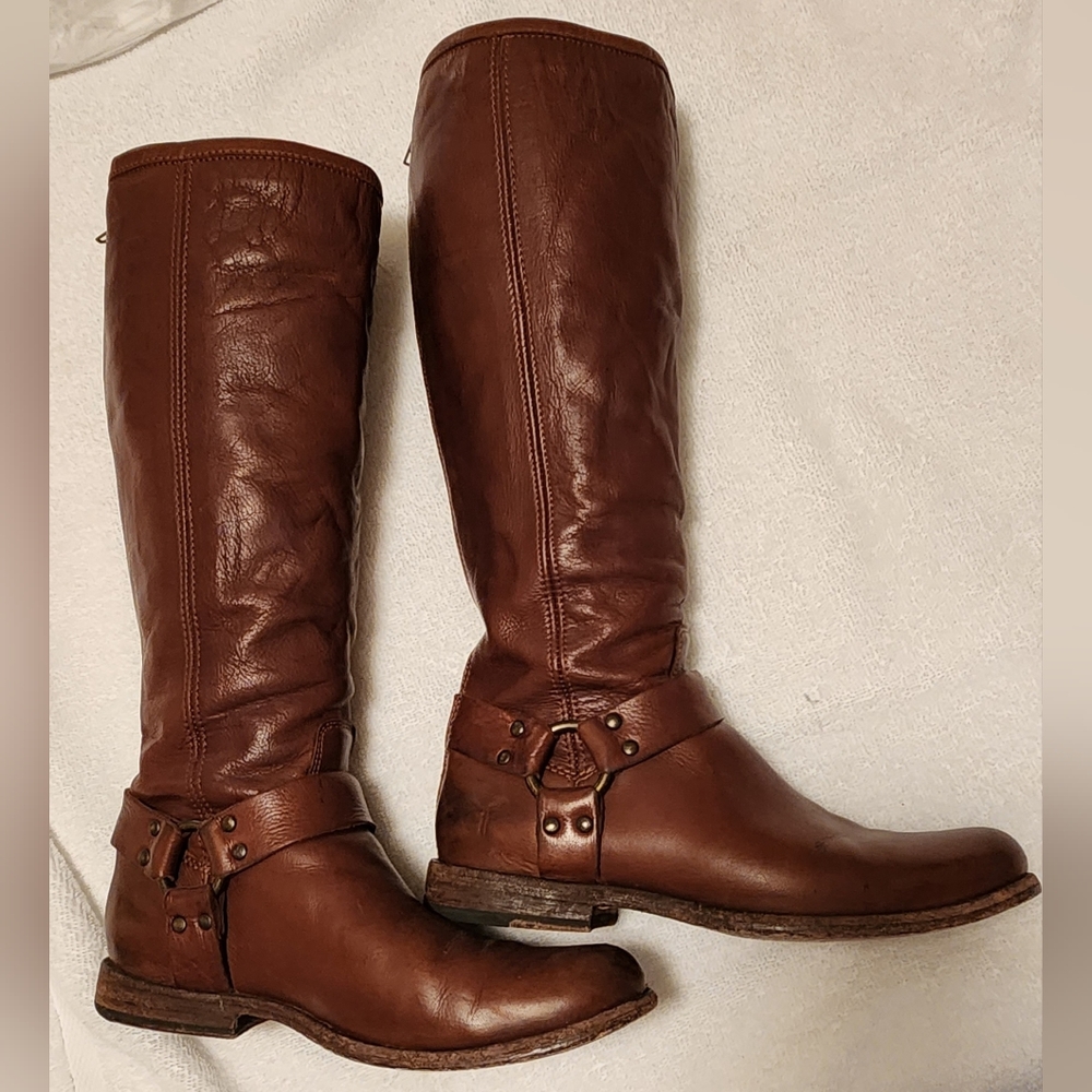 Frye Phillip Harness Leather Brown Boots Size 8.5m
